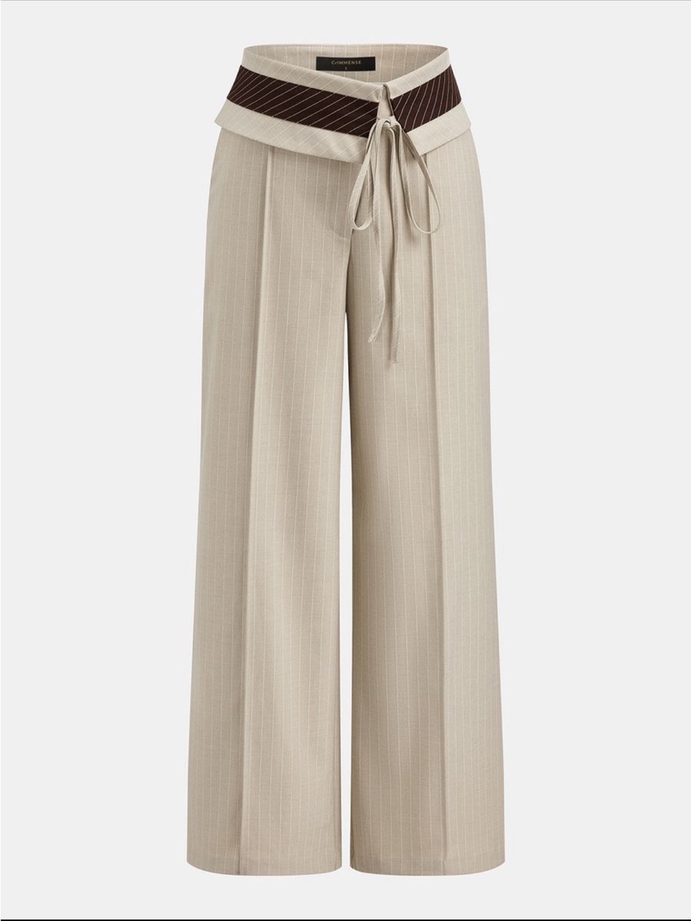 Commense Beige Pinstripe Wide-Leg Trousers with Chocolate Waist Tie